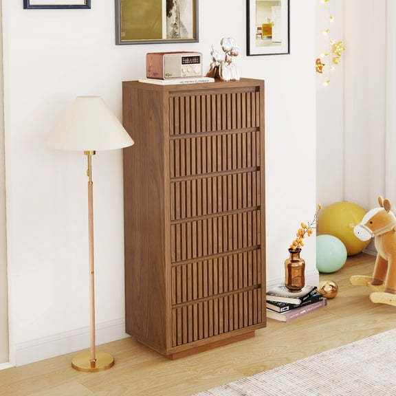 Fluted Tall 6 Drawer Dresser Wood Chest of Drawers Mid Century Dresser Modern Closet Clothes Organizer Wooden for Bedroom Living Room