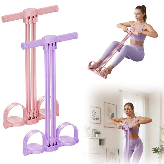 6-Strand Detachable Pedal Resistance Band, High Elastic Latex Adjustable Sit-Up Assistant Stretcher, Non-Slip Pedal Portable for Home Gym Core Strength Abdominal Training, Pink