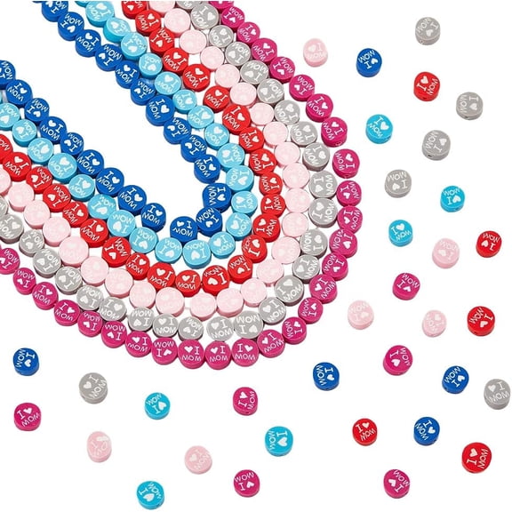 6 Strands 6 Colors Handmade Polymer Clay Bead Strands Mother's Day Theme Flat Round with Word I Love MOM Mixed Color 8x4mm Hole: 1.4mm 40pcs/strand