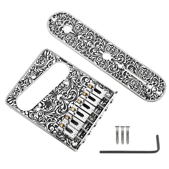 6 String Roller Saddles Bridge and Control Plate with Carving Decorative Pattern Strings Through Bridge For Guitars