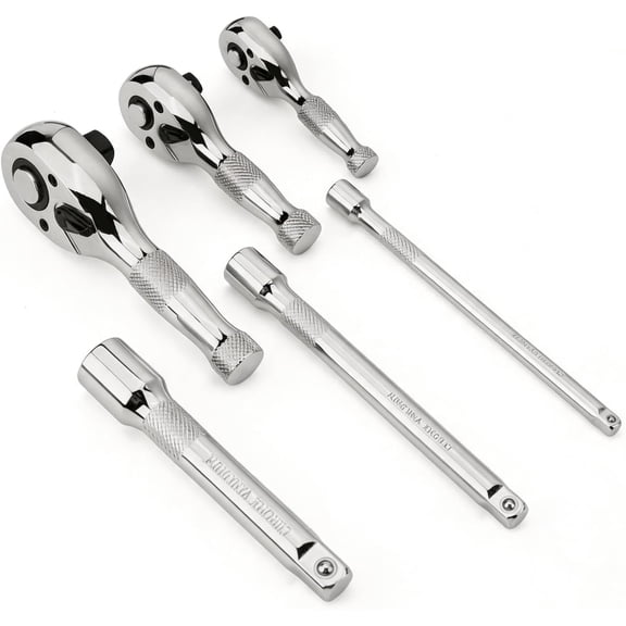 6- Stubby Ratchet and Socket Extension Set, 90T 1/4", 3/8", 1/2" Drive Mini Ratchet Wrench Set, Quick-Release Reversible for Tight Spaces