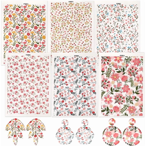 6 Style 5.8x4.2in Floral Clay Transfer Paper for Polymer Clay Flower Water Transfer Sheets Boho Retro Jewelry Making Earrings DIY Polymer Glaze Pottery Enamel Tools Art Crafts Mixed Color