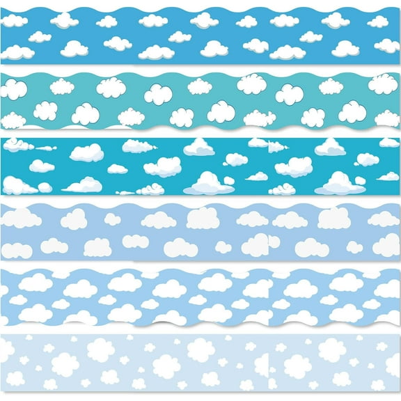 6 Style Bulletin Board Border Stickers 68.86ft Blue Sky Clouds Classroom Self-Adhesive Scalloped Die Cut Borders Trims School Office Office Chalkboard Blackboard Desk Party Wall Decor