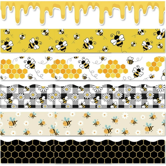 6 Style Bulletin Board Border Stickers Stickers 68.86ft Classroom Bee Honey Honeycomb Plaid Self-Adhesive Scalloped Die Cut Borders Trims School Chalkboard Blackboard Desk Party Wall Decor DIY