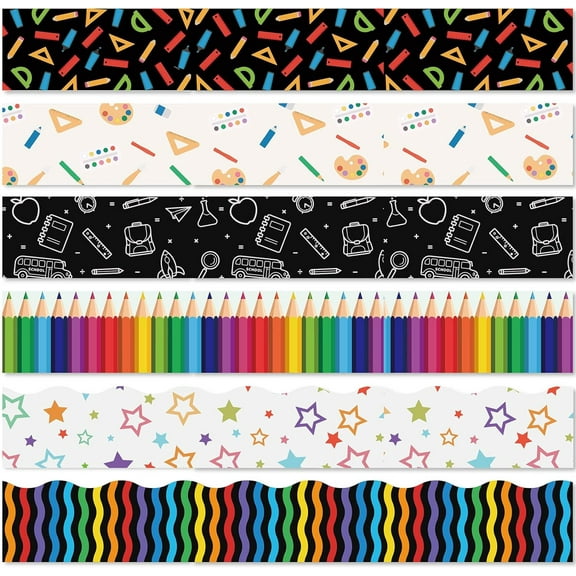 6 Style Classroom Bulletin Board Border Stickers 68.86ft Teachers' Day Theme Self-Adhesive Scalloped Die Cut Borders Trims School Office Chalkboard Blackboard Desk Party Wall Decor DIY