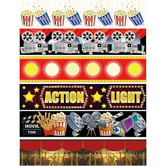 6 Style Movie Night Bulletin Board Decoration Filmstrip Party Tape Trim Border Cutouts Bulletin Board for Party Office Chalkboard Decor 60Pcs