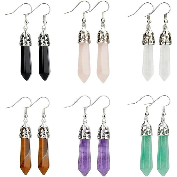 6 Style Natural Quartz Stone Earings Healing Crystals Earrings Sets Clear Gemstone Hangling Earrings Colorful Hexagonal Hook Earrings Beauty Gift for Woman for DIY