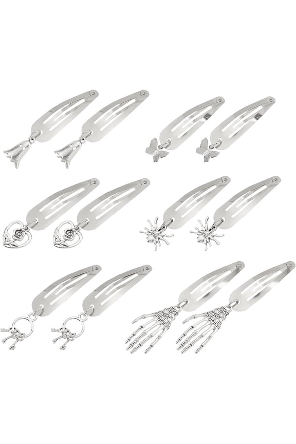 6 Style/Pairs Metal Snap Hair Clips Silver Hairpins Punk Goth 2 Inch Barrettes with Pendant Butterfly Spider Key Hip Hop 90s Style Jewelry Hair Accessories Hair Pins