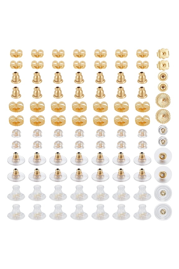 6 Styles 96Pcs Earring Backs Kit 18K Gold Plated Earring Backs Silicone Replacements Locking Secure Stoppers Flower Shape Butterfly Ear Nuts