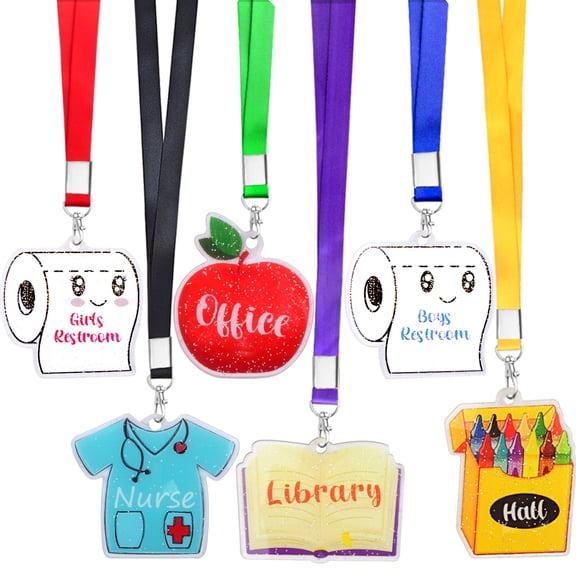 6 Styles Acrylic Hall Pass LanyardsSet for Teachers Students Nurses, Colorful Unbreakable School Passes Lanyard for Classroom Hall Library Restroom Office School Supplies