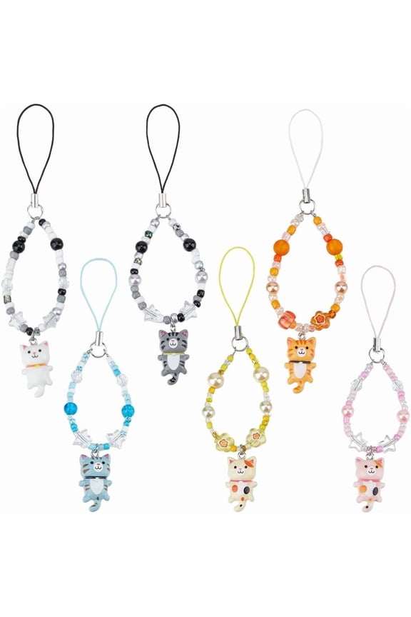 6 Styles Cell Phone Strap Charms Cat Pendant Charm Portable Keychain Strap Star Beads Phone Accessories
