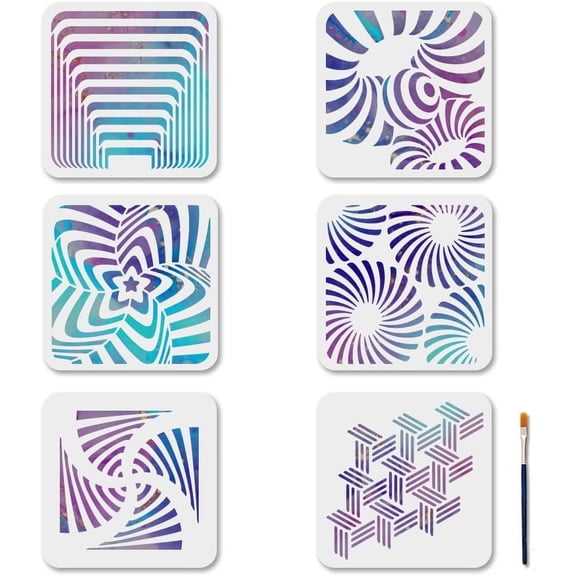 6 Styles Geometric Stencil 7.8x7.8inch Optical Illusion Painting Stencils with Paint Brush Reusable Circular Star Rotation Templates for DIY Making