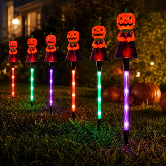6 Styles Halloween Solar Ground Stake Lights Pumpkin Ghost Mummy Maple Leaf Waterproof LED Outdoor Garden Lamps Auto On/Off 2 Lighting Modes On/Flashing for Yard Party Decor