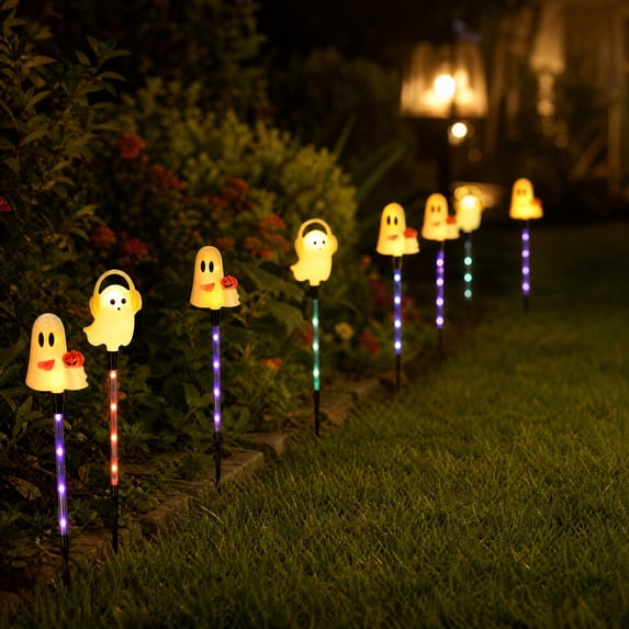 6 Styles Halloween Solar Ground Stake Lights Pumpkin Ghost Mummy Maple Leaf Waterproof LED Outdoor Garden Lamps Auto On/Off 2 Lighting Modes On/Flashing for Yard Party Decor