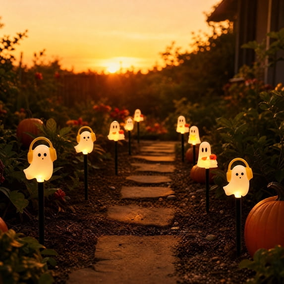 6 Styles Halloween Solar Ground Stake Lights Pumpkin Ghost Mummy Maple Leaf Waterproof LED Outdoor Garden Lamps Auto On/Off 2 Lighting Modes On/Flashing for Yard Party Decor