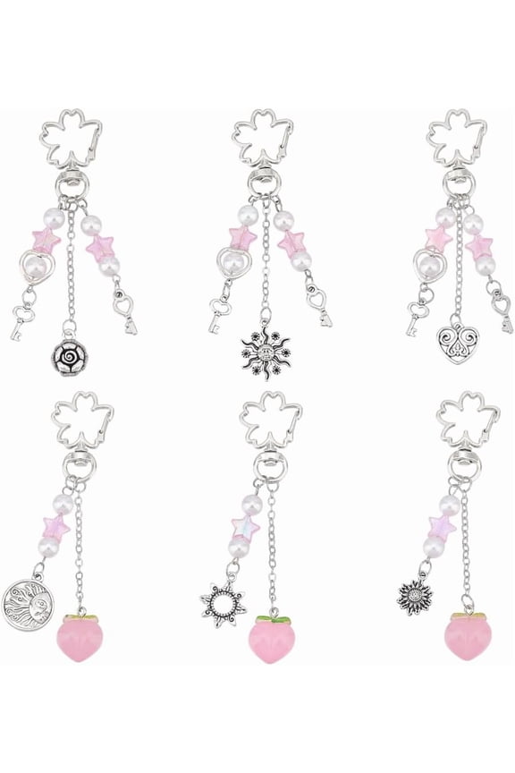 6 Styles Keychain Cute Charms Sun Cherry Blossom Peach Star Pearls Keychain Charm for Thanksgiving Christmas for Women Bag Purse Accessories Jewelry Gifts
