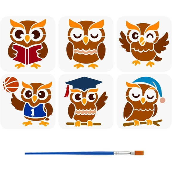 6 Styles Owl Pattern Stencils with a Brush 5.9x5.9Inch Cartoon Owl Painting Stencils Owl Silhouette Drawing Template PET Animal Themes Template
