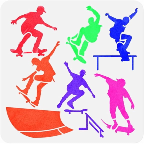 6 Styles Skateboarding Stencil Painting 11.8"x11.8" Reusable Skateboarders Stencil Drawing Template Sport DIY Craft Paint Template