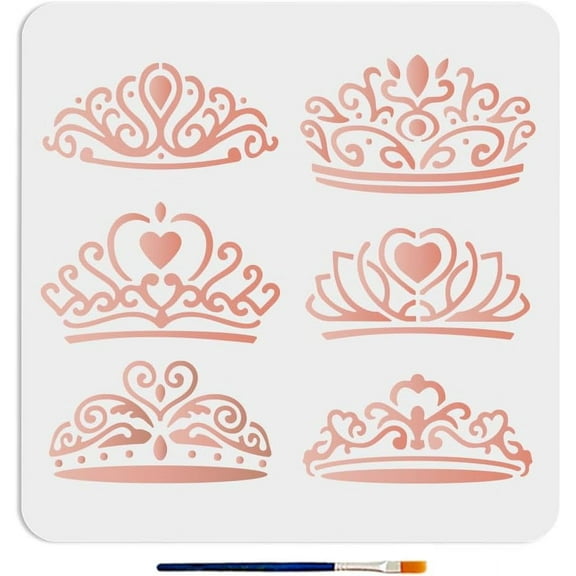 6 Styles Stencil 11.811.8inch Ornate Princess Stencils with Paint Brush Girls Queen Gems Tiara Template for Wedding Gift Craft Furniture Fabric Wall