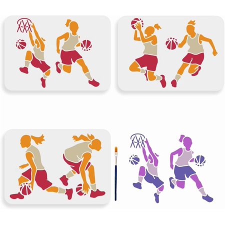 6 Styles Women Basketball Player Stencils 11.7×8.3inch Large Basketball Athlete Stencil with Paint Brush Dunk Shoot Dribble Template for Wood Canvas Fabric Wall Furniture Decor White DIY
