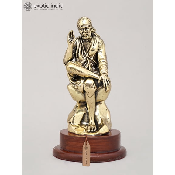 6" Superfine Idol of Saint Sai Seated on Asana with Wood Base | Brass Sculpture