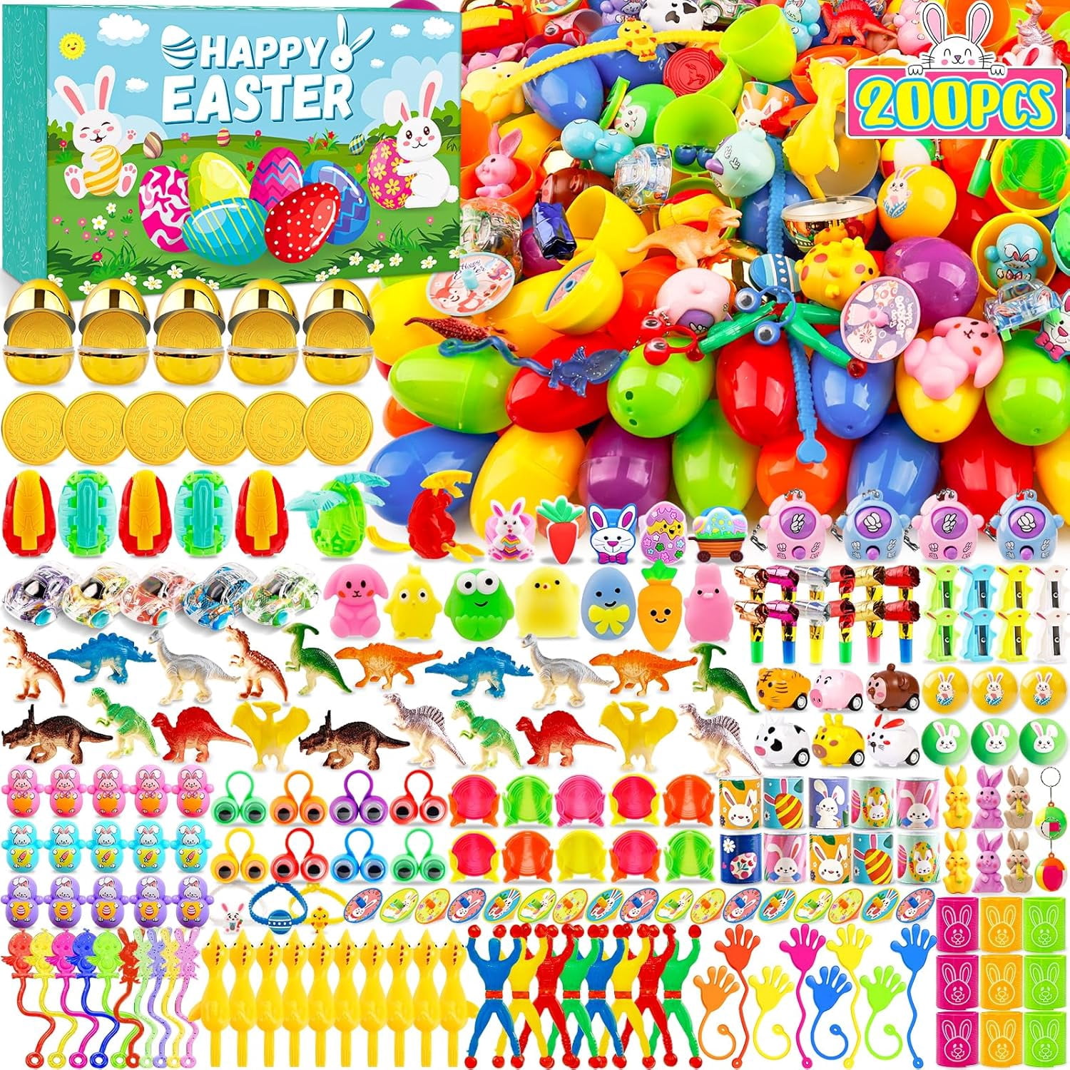[ 6 Surprise Golden Eggs ] 60Pcs Prefilled Easter Egg with Assorted Toys, Plastic Easter Eggs Fillers for Kids, Basket Stuffers,Egg Hunt Party Favors Classroom Prizes Supplies for Boys Girls