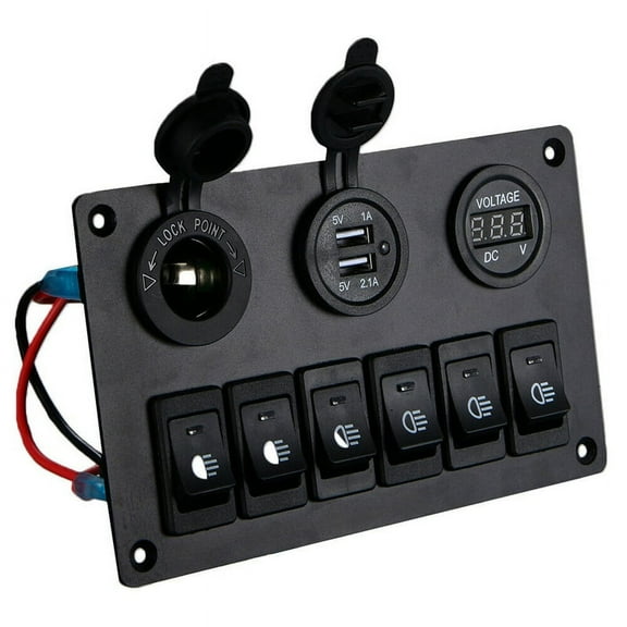 6 Switch Panel with 12V-24V LED Digital Voltmeter Dual USB Charger Lighter Socket for RV Truck Boat SUV