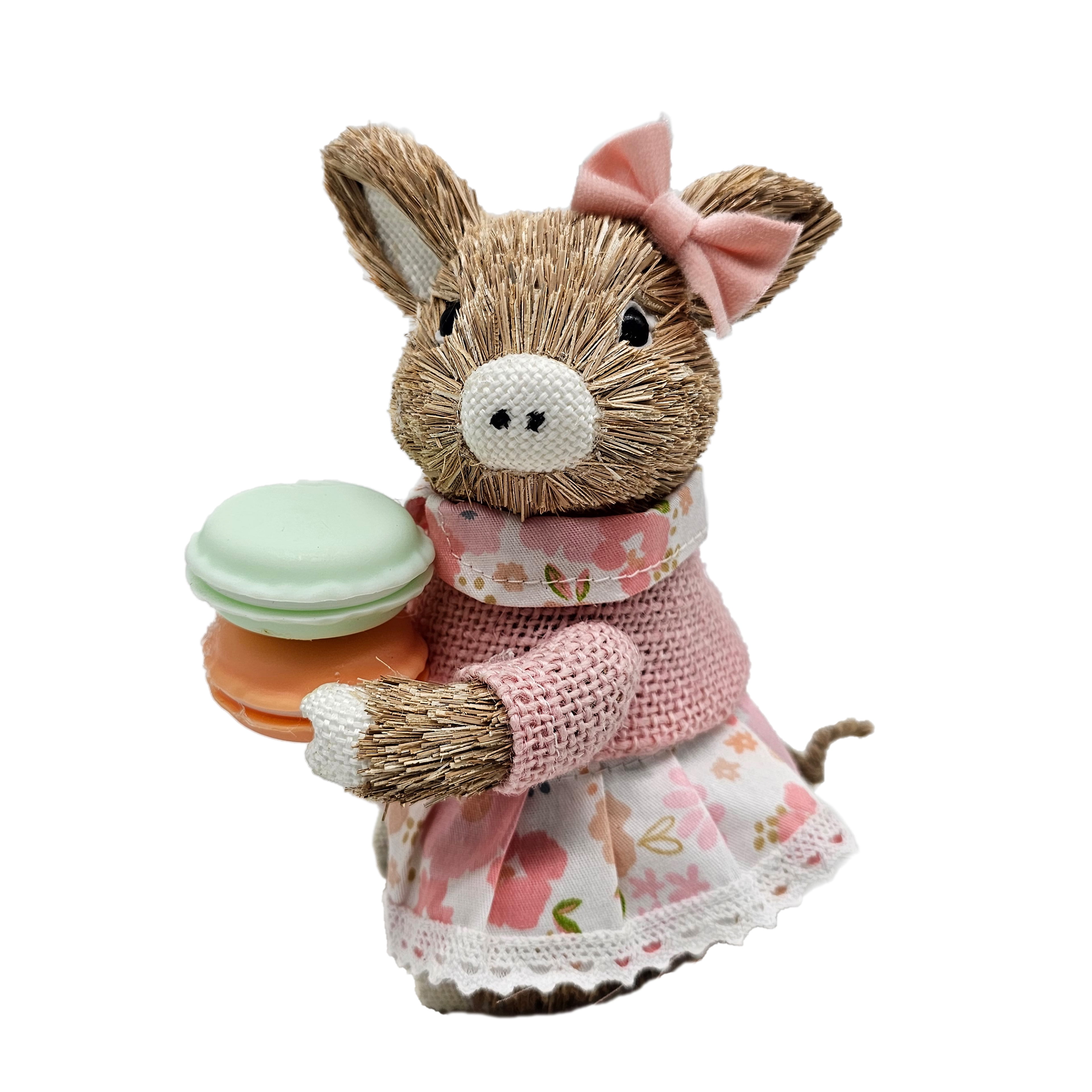 6" Pink and Brown Burlap Easter Pig Figurine with Macarons