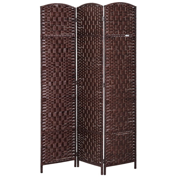 6' Tall Brown Wicker Weave 3-Panel Room Divider Privacy Screen - Wooden Folding Partition with Arched Top for Home, Office & Dorm