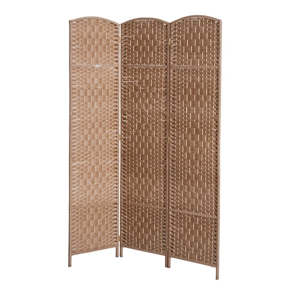 6' Tall Wicker Weave 3-Panel Room Divider, Freestanding Privacy Screen, Natural Wood