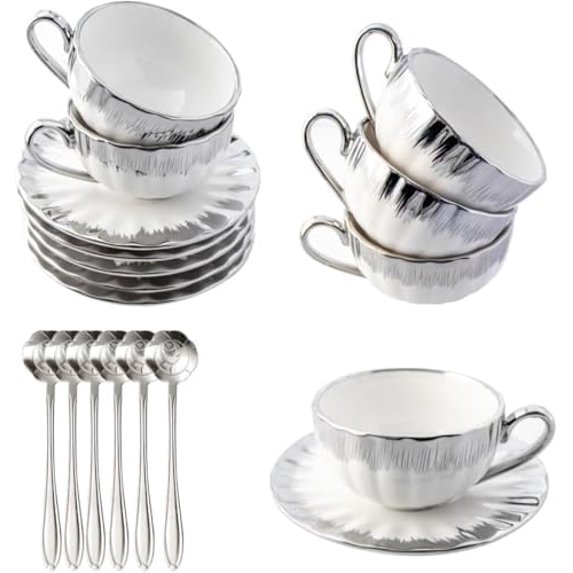 6 Teacups Tea Tray Spoon Set, 6oz with Galvanized Gold Rim and Gift Box ...