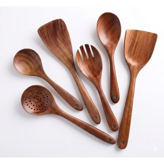 6- Teak Wooden Kitchen Utensil Set - Heat Resistant, Durable, heat resistant Cooking Tools for Nonstick Cookware -  Rust-Free Wooden Spatulas & Spoons - Dishwasher Safe by