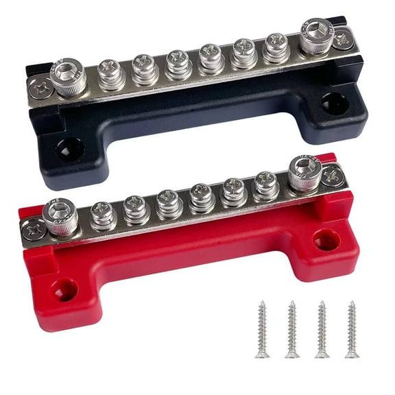 6 Terminals Bus Bar, Ampper 4" Power / Ground Distribution Block Brass Battery BusBar Junction for Car Vehicle Rv Truck Marine Boat Audio Amplifier and More (Red & Black)