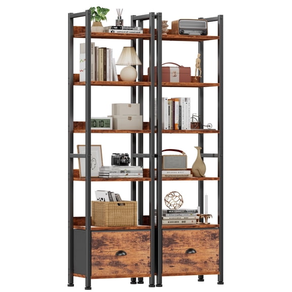 6 Tier -2 PCS Rustic Brown Bookcase Set, Industrial Display Shelving Unit