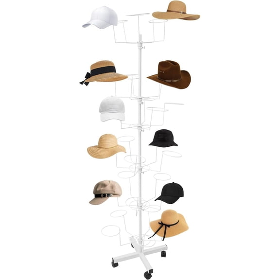 6 Tier 30 Hook Floor-Standing Hat Cap Rack Rotatable Large Rolling Metal Hats Wig Display Hanger with Wheels for Home Retail Store Height 5.25ft White