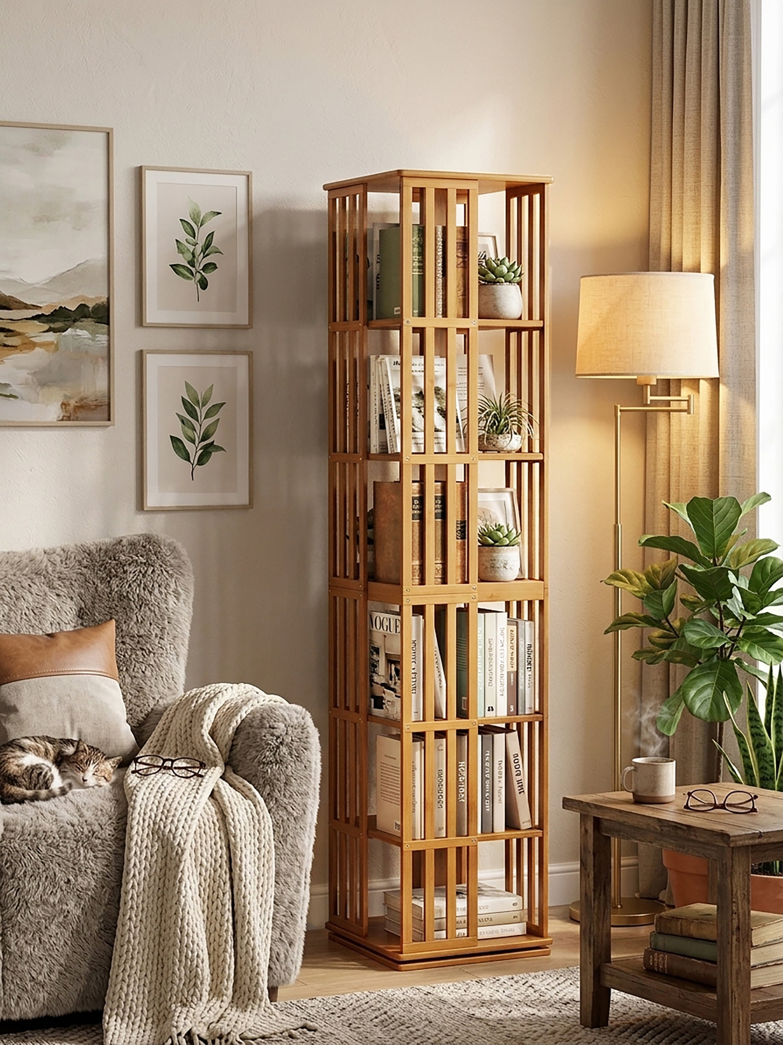 6-Tier 360° Rotating Bamboo Bookshelf Tower, Floor Standing Spinning Bookcase, Narrow Vertical Storage Rack for Kids Adults Home Office
