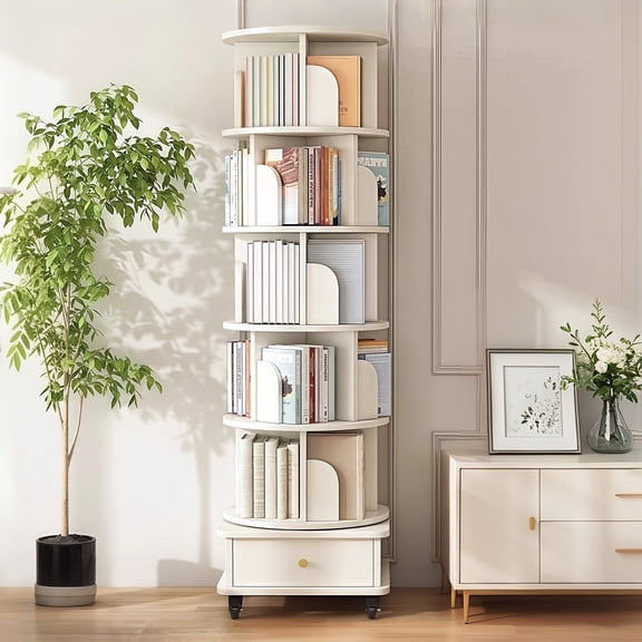 Bellemave 6 Tier 360° Rotating Round Bookshelf with Drawers & Wheels, Revolving Corner Bookshelf for Small Space, Book Shelf Tower for Bedroom, Living Room, White