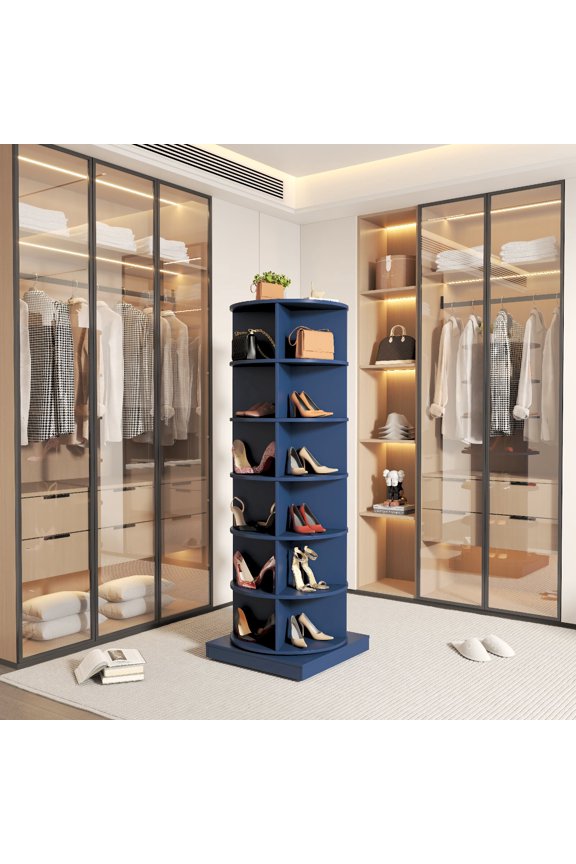 6 Tier 360 Rotating Shoe Rack Tower Spinning Shoe Display Lazy Susan Free Standing 360 Revolving Shoe Organizer High Bottom Design Shoe Tower Closet Handbag Display Rotate Organizers for Entryway