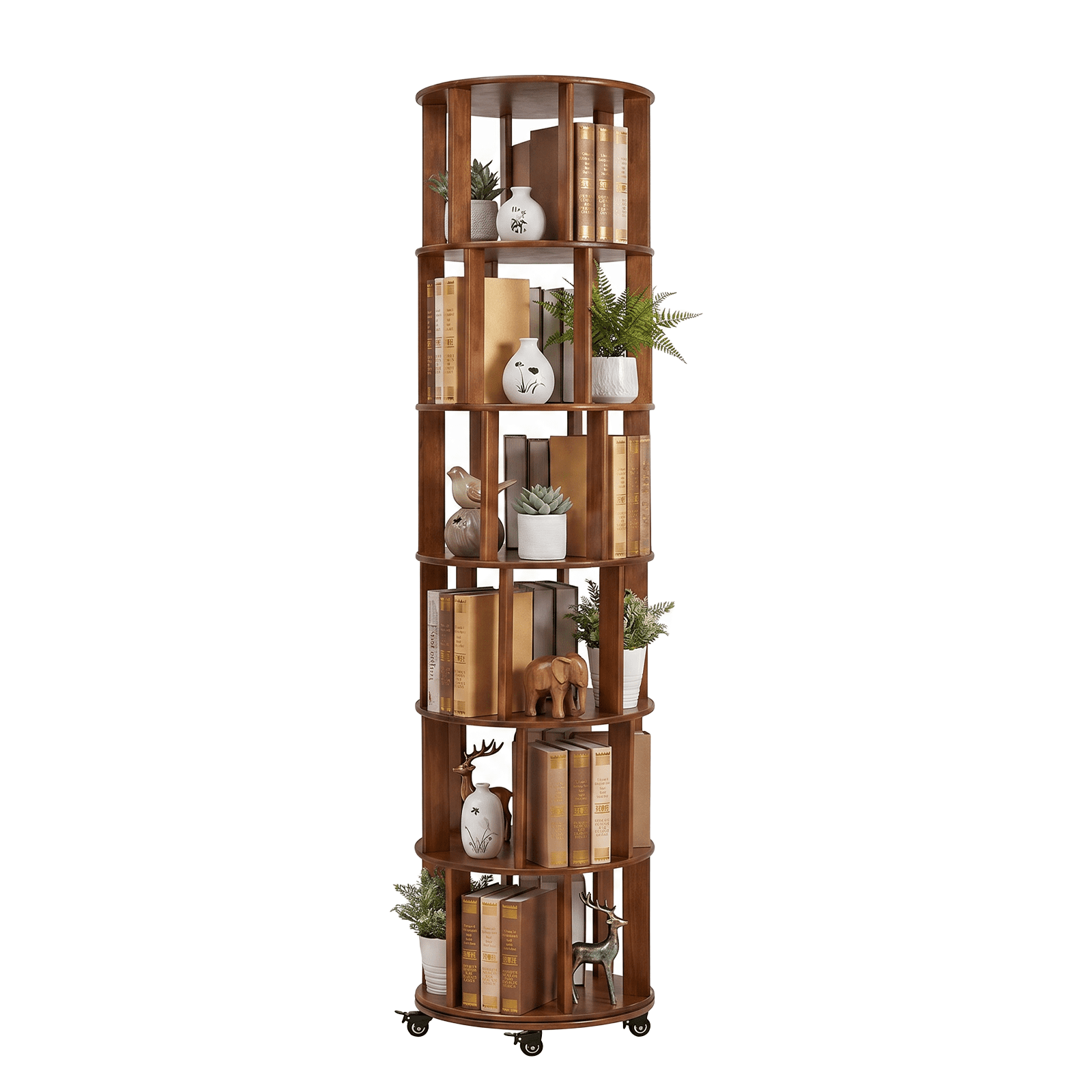 6-Tier 360° Rotating Solid Wood Bookshelf Tower, Round Spinning Bookcase with Lockable Wheels, Freely Assembled Storage Rack for Corner Bedroom Living Room Office