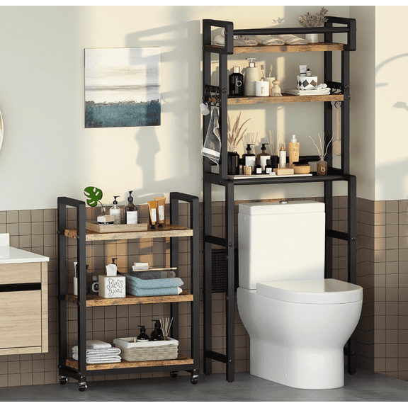 MOOSENG 6-Tier 63” Toilet Storage Shelf with Cart | Brown Freestanding Above Toilet Shelf Rack, Farmhouse Bathroom Organizer Shelves, Space Save