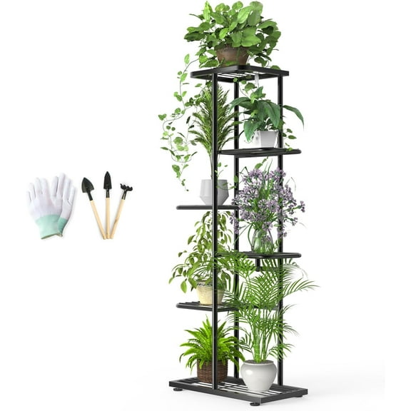 6 Tier 7 Potted Dark Grey Plant Stand Indoor Outdoor with Gardening Tools and Gloves, Metal Plant Rack Shelf for Multiple Plants Flower for Patio, Balcony, Living Room