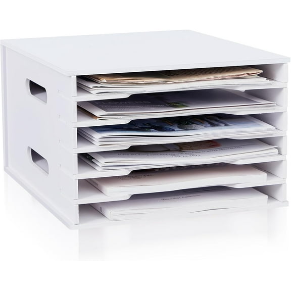 6 Tier 8.5" x 11" Scrapbook Paper Organizer, White Cardstock File Organizer with Adjustable Shelves, Stackable Paper Trays, Desktop Storage Rack Document Holder for Desk Home Office