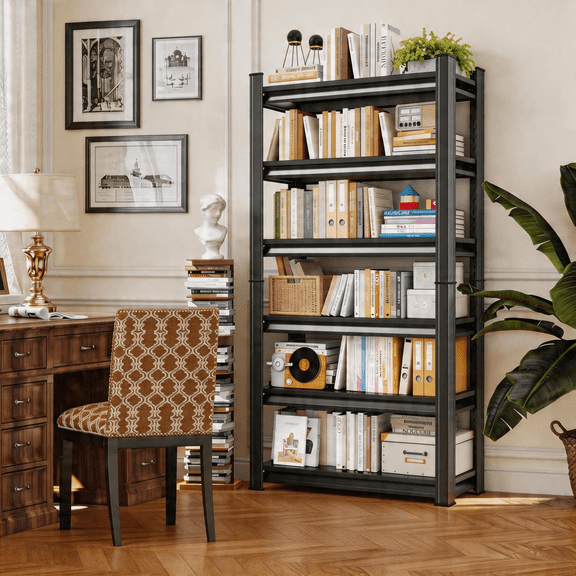 6-Tier 82"Hx40"Wx18"D Modern Metal Book Shelf,Heavy Duty Black Bookshelf,Bolt-Free Deep Bookcase for CDs Movies Garage Kit,Adjustable Bookshelf in Living Room,Bedroom,Kitchen,Office