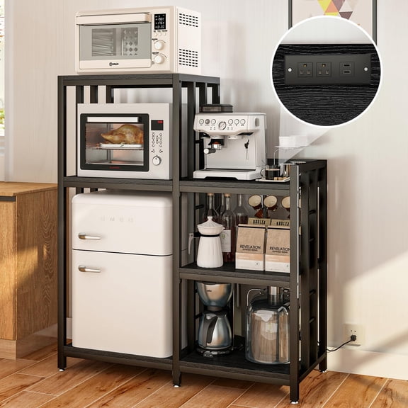6-Tier Adjustable Bakers Rack With Power Outlet, Black Finish Mini Fridge
