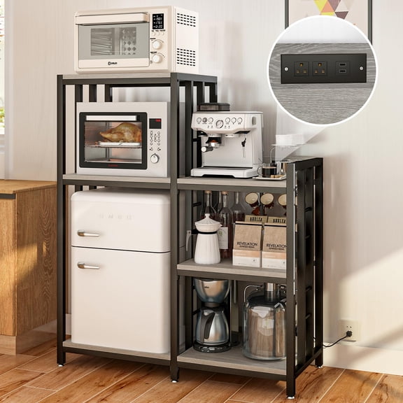 6-Tier Adjustable Bakers Rack With Power Outlet, Greige Finish Mini Fridge
