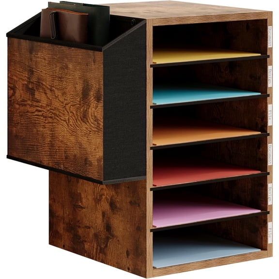 6 Tier Adjustable Countertop Mail Sorter, Mailboxes With Name Slots, Literature Organization Paper Storage Slot, Office Desk File Organizer, Wooden Desktop Mailbox for Classroom, Rustic Brown