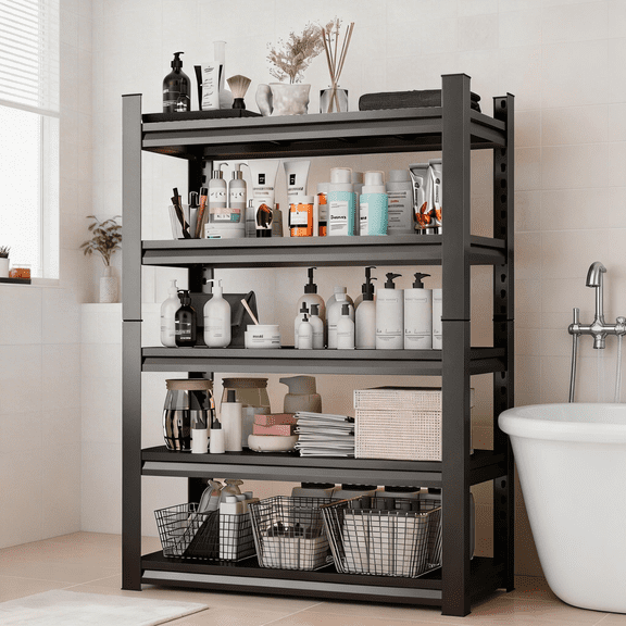 5 Tier Adjustable Garage Shelving Unit, Metal Shelving Utility Shelf, 3000LBS Industrial Storage Shelves Rack for Warehouse Basement Kitchen Pantry Bathroom Laundry Shop Plant Shoes Book,Black