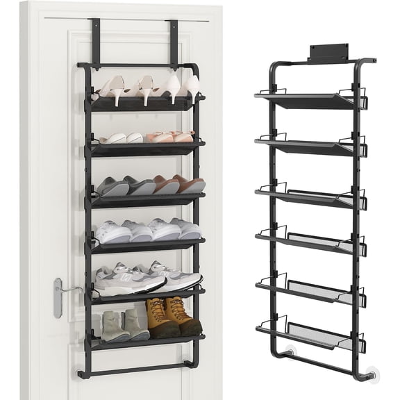 6 Tier Adjustable Heavy Duty Metal Shoe Rack, Door Hanging and Wall Mount Organizer for Closet, Bedroom, Entryway, Laundry, Apartment, Small Spaces, Space Saving Solution for Busy Homes