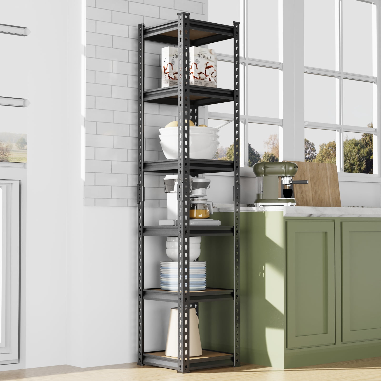 Short Shelf Rack 6-Tier Adjustable Shelf Unit, Narrow Storage Rack with Wood Finish ...