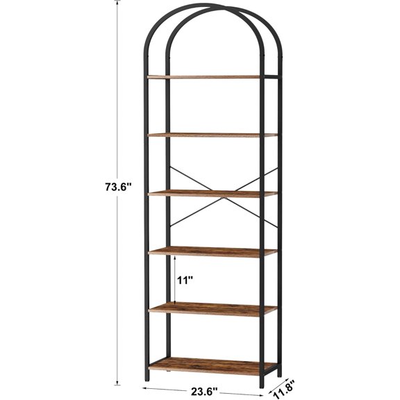 6-Tier Arched Bookshelf with Metal Frame, Rustic Brown Industrial Display Rack for Home Office Living Room Bedroom Bathroom
